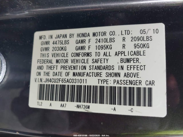 Aukcja sprzedaży 2010 Acura Tsx 2.4, vin: JH4CU2F65AC031011, numer aukcji: 43510166