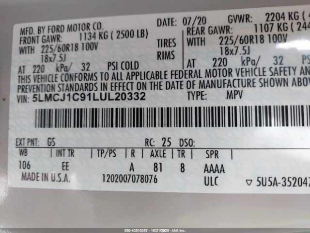 2020 LINCOLN CORSAIR 5LMCJ1C91LUL20332 Photo 8