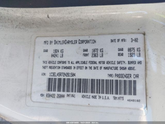 2002 CHRYSLER SEBRING 1C3EL45R72N261504 Photo 8