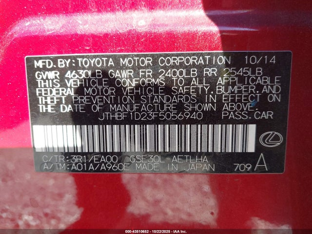 Продаж на аукціоні авто 2015 Lexus Is 250, vin: JTHBF1D23F5056940, номер лоту: 43510652