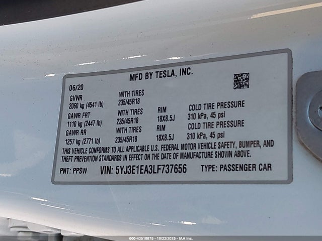 2020 TESLA MODEL 3 5YJ3E1EA3LF737656 Photo 8