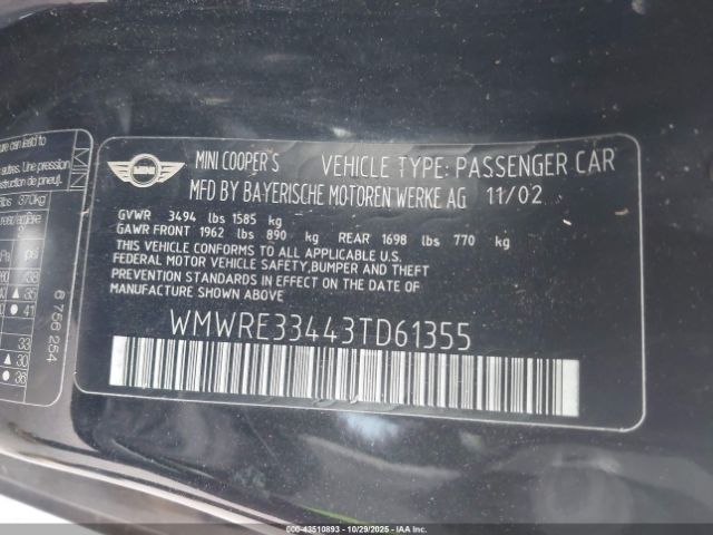 2003 MINI COOPER S WMWRE33443TD61355 Photo 8