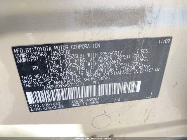 Aukcja sprzedaży 2010 Toyota Rav4, vin: JTMBF4DVXA5022015, numer aukcji: 43511146