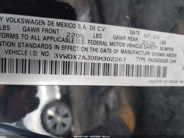 Продажа на аукционе авто 2011 Volkswagen Jetta 2.5l Se, vin: 3VWDX7AJ0BM302267, номер лота: 43511163