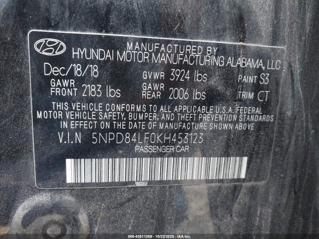 Aukcja sprzedaży 2019 Hyundai Elantra Sel, vin: 5NPD84LF0KH453123, numer aukcji: 43511289