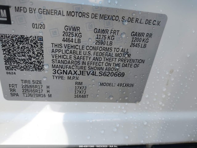 Продаж на аукціоні авто 2020 Chevrolet Equinox Fwd 2fl, vin: 3GNAXJEV4LS620669, номер лоту: 43511388