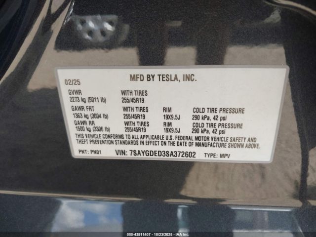 2025 TESLA MODEL Y 7SAYGDED3SA372602 Photo 8