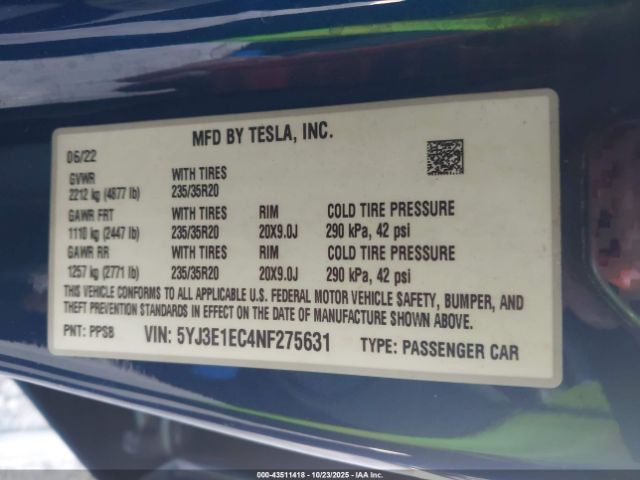 2022 TESLA MODEL 3 5YJ3E1EC4NF275631 Photo 8
