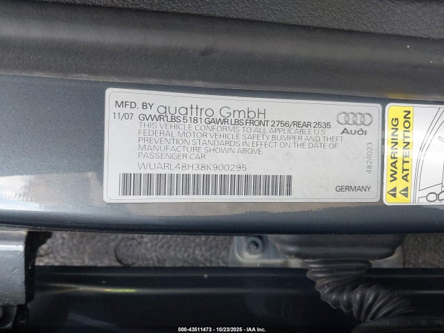 2008 AUDI S4 WUARL48H38K900295 Photo 8