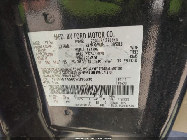 2006 FORD F-150 1FTPW14566KB96838 Photo 8
