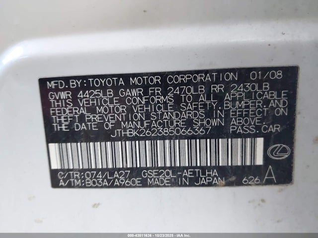 Auction sale of the 2008 Lexus Is 250, vin: JTHBK262385066367, lot number: 43511636