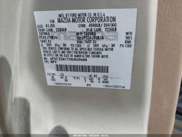 2005 MAZDA TRIBUTE 4F2CZ06175KM49688 Photo 8