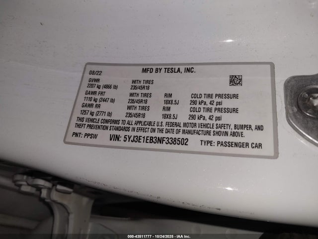 2022 TESLA MODEL 3 5YJ3E1EB3NF338502 Photo 8