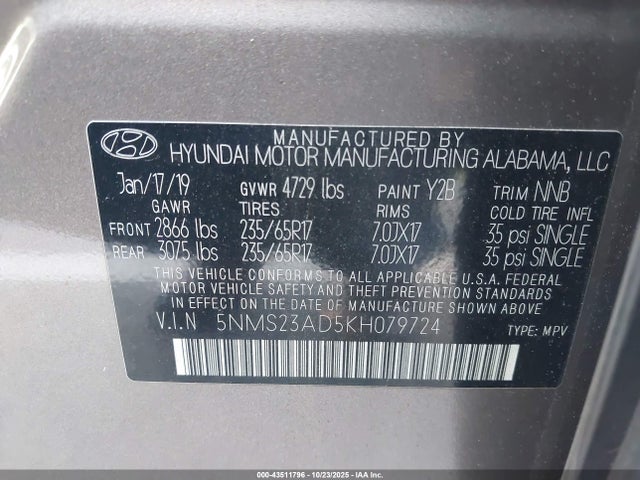 43511796 :رقم المزاد ، 5NMS23AD5KH079724 vin ، 2019 Hyundai Santa Fe Se مزاد بيع