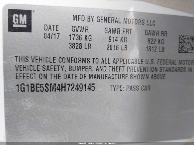 1G1BE5SM4H7249145 Chevrolet Cruze Lt Auto
