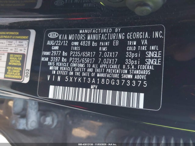 Aukcja sprzedaży 2013 Kia Sorento Lx, vin: 5XYKT3A18DG373375, numer aukcji: 43512138