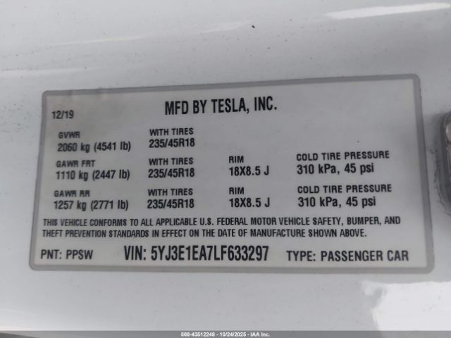 2020 TESLA MODEL 3 5YJ3E1EA7LF633297 Photo 8
