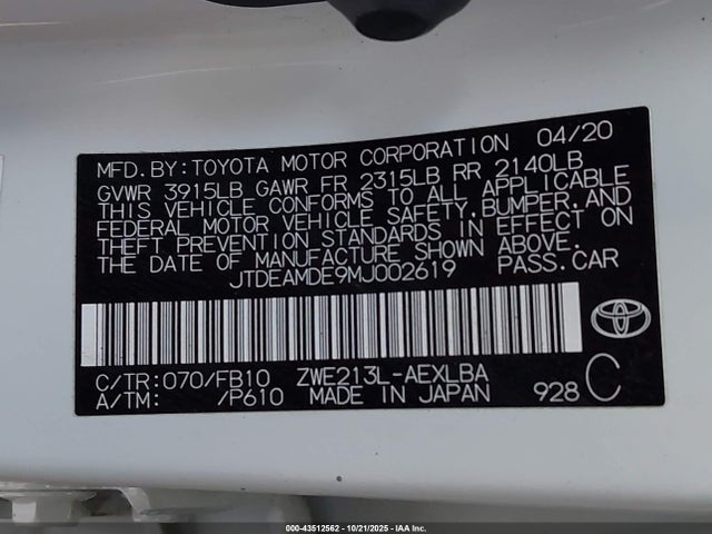 2021 TOYOTA COROLLA JTDEAMDE9MJ002619 Photo 8