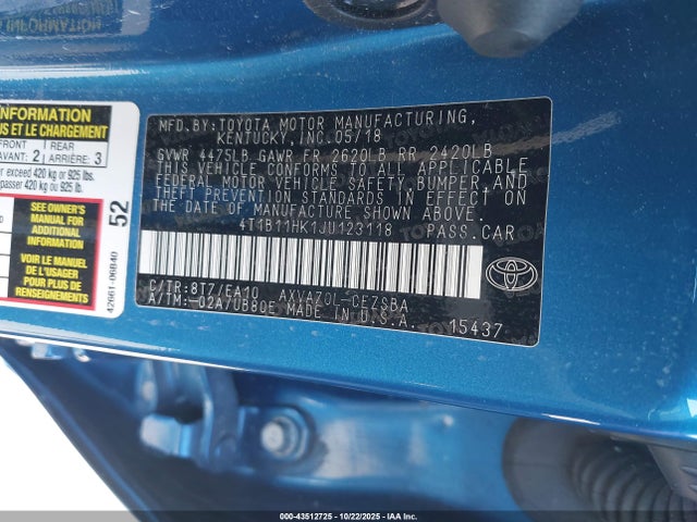 4T1B11HK1JU123118 Toyota a25a-fks