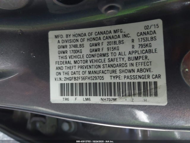 Aukcja sprzedaży 2015 Honda Civic Lx, vin: 2HGFB2F56FH529705, numer aukcji: 43512753