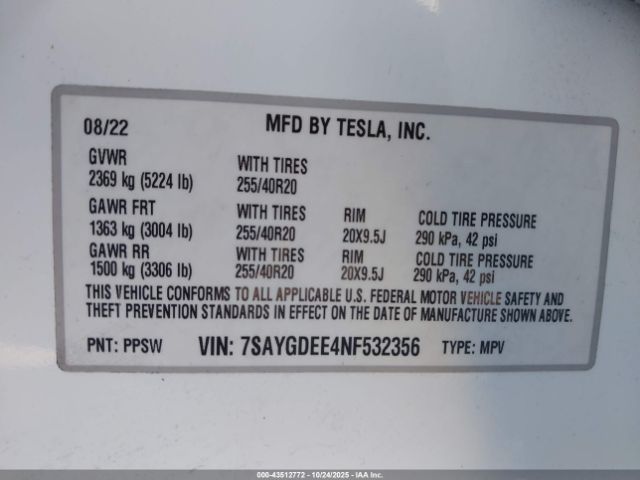 2022 TESLA MODEL Y 7SAYGDEE4NF532356 Photo 8
