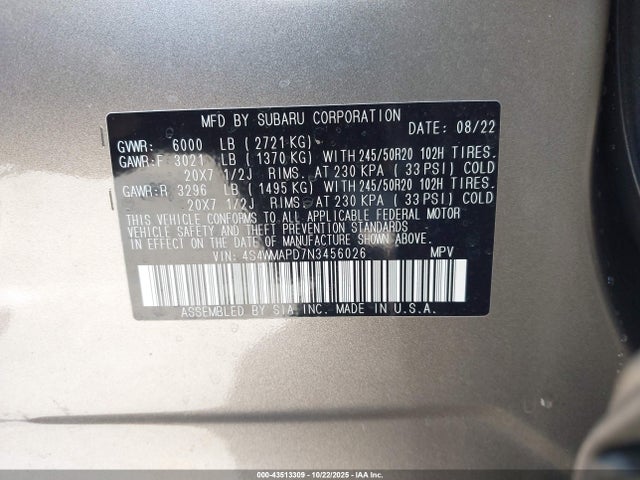 Subaru Ascent Limited 2022 4S4WMAPD7N3456026 Image 9