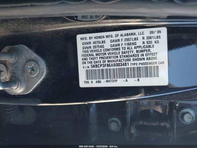 Aukcja sprzedaży 2010 Honda Accord 3.5 Ex-l, vin: 5KBCP3F86AB003481, numer aukcji: 43513430