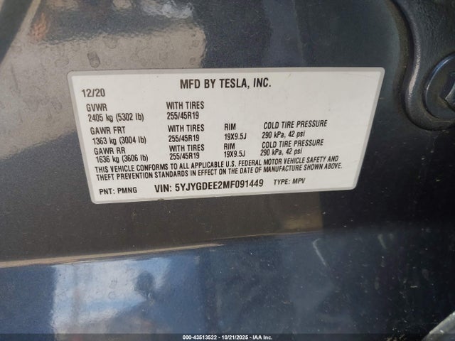 2021 TESLA MODEL Y 5YJYGDEE2MF091449 Photo 8
