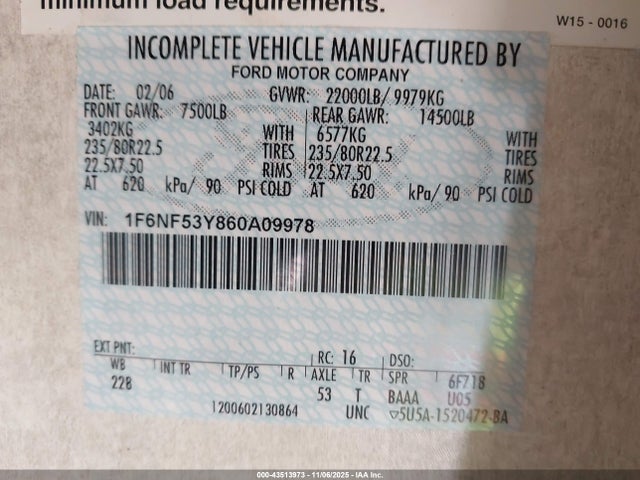 43513973 :رقم المزاد ، 1F6NF53Y860A09978 vin ، 2006 Ford F550 Super Duty Stripped Chass مزاد بيع