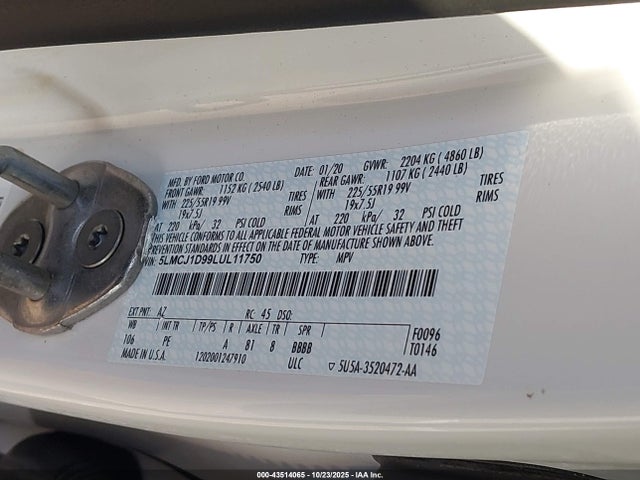 43514065 :رقم المزاد ، 5LMCJ1D99LUL11750 vin ، 2020 Lincoln Corsair Standard مزاد بيع