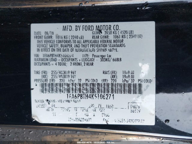 43514076 :رقم المزاد ، 1FA6P8TH4K5106274 vin ، 2019 Ford Mustang Ecoboost مزاد بيع