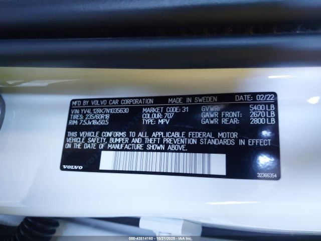 2022 VOLVO XC60 YV4L12RK7N1035630 Photo 8