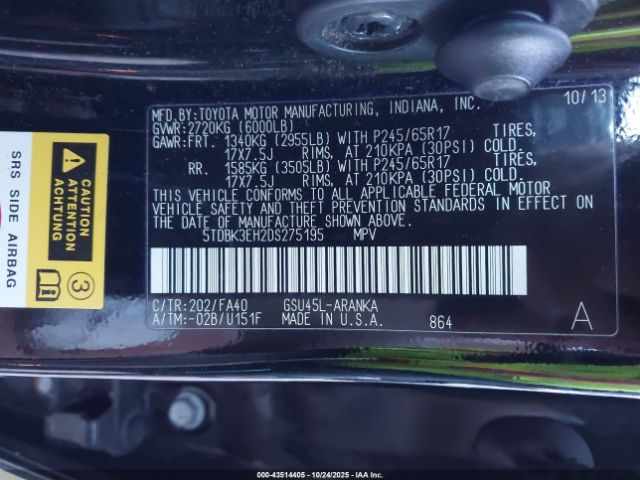 2013 TOYOTA HIGHLANDER 5TDBK3EH2DS275195 Photo 8