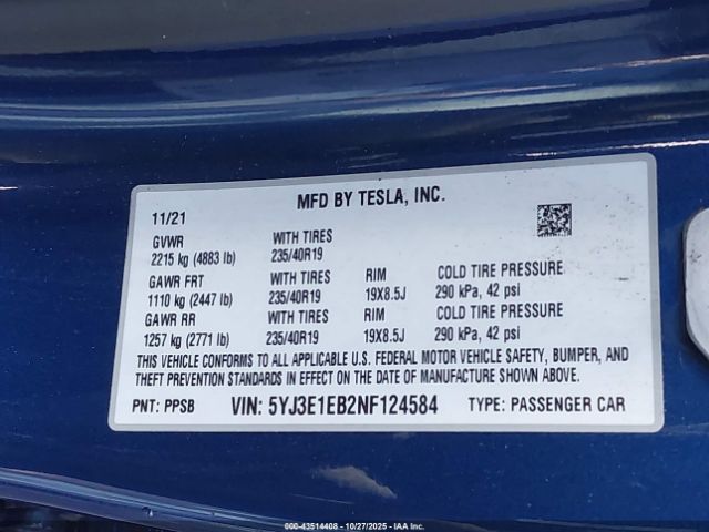 2022 TESLA MODEL 3 5YJ3E1EB2NF124584 Photo 8