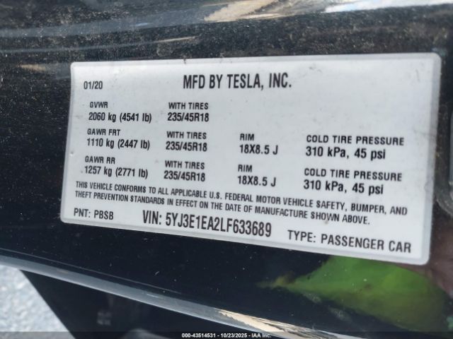 2020 TESLA MODEL 3 5YJ3E1EA2LF633689 Photo 8