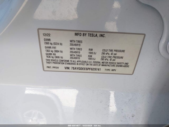 Aukcja sprzedaży 2023 Tesla Model Y Awd/long Range Dual Motor All-wheel Drive, vin: 7SAYGDEE6PF629741, numer aukcji: 43514577