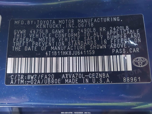 4T1B11HK8JU641159 Toyota CAMRY LE
