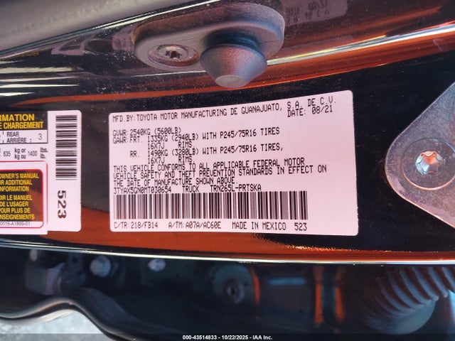 43514833 :رقم المزاد ، 3TYAX5GN0MT030654 vin ، 2021 Toyota Tacoma Sr مزاد بيع