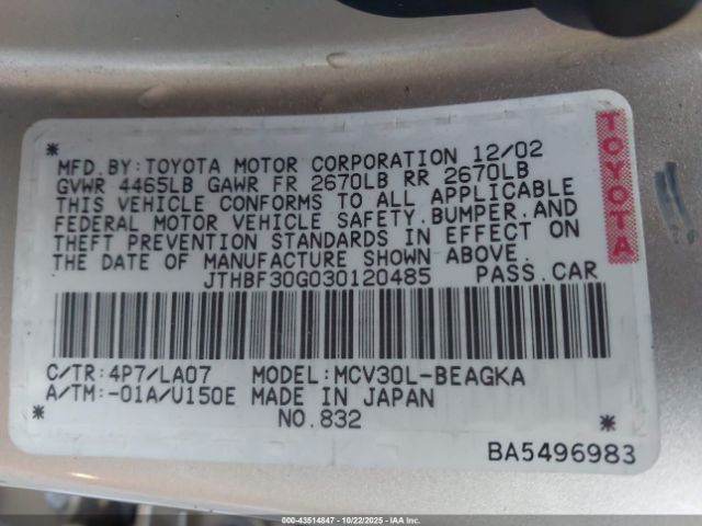 2003 LEXUS ES 300 JTHBF30G030120485 Photo 8