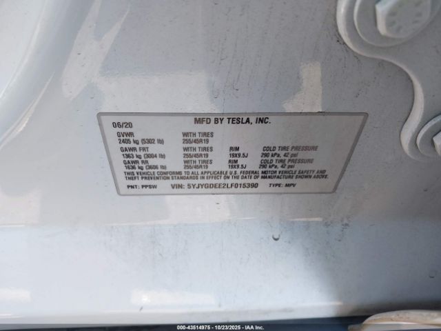 2020 TESLA MODEL Y 5YJYGDEE2LF015390 Photo 8