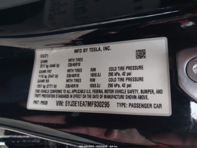 2021 TESLA MODEL 3 5YJ3E1EA7MF930295 Photo 8