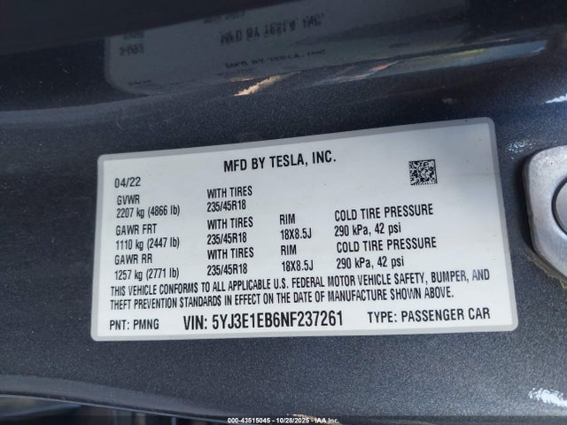 2022 TESLA MODEL 3 5YJ3E1EB6NF237261 Photo 8