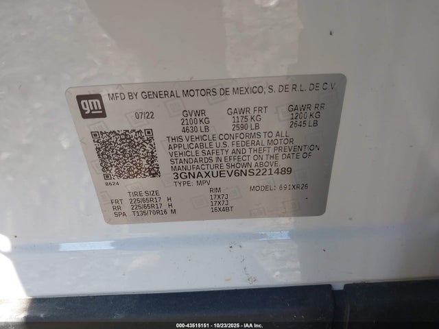 43515151 :رقم المزاد ، 3GNAXUEV6NS221489 vin ، 2022 Chevrolet Equinox Awd Lt مزاد بيع