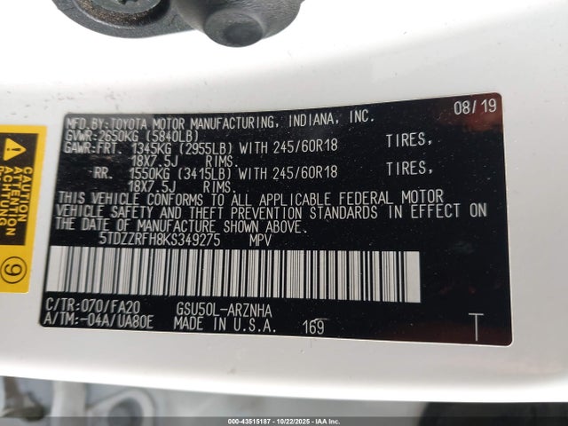 5TDZZRFH8KS349275 Toyota Highlander Le Plus