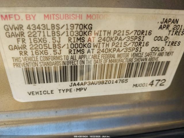 2011 MITSUBISHI OUTLANDER SPORT JA4AP3AU9BZ014765 Photo 8