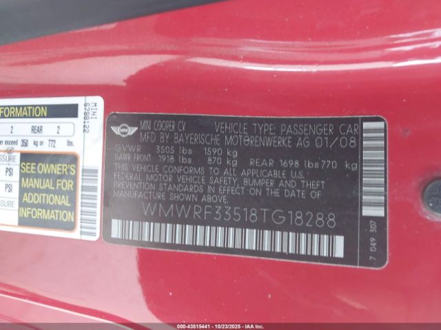 2008 MINI COOPER WMWRF33518TG18288 Photo 8