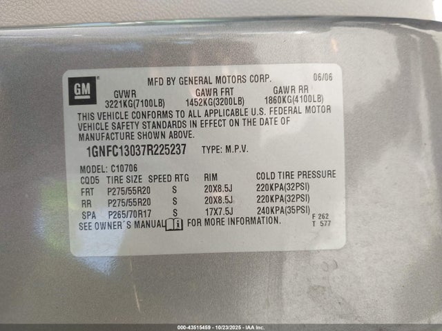 Aukcja sprzedaży 2007 Chevrolet Tahoe Ltz, vin: 1GNFC13037R225237, numer aukcji: 43515459