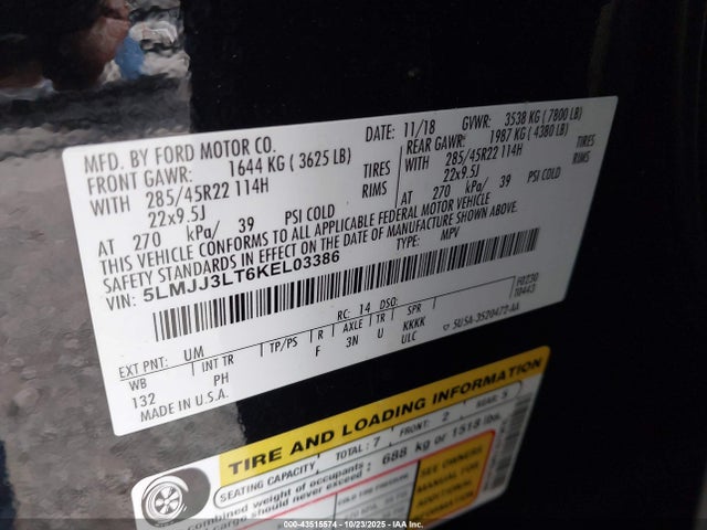 Продажа на аукционе авто 2019 Lincoln Navigator L Reserve, vin: 5LMJJ3LT6KEL03386, номер лота: 43515574