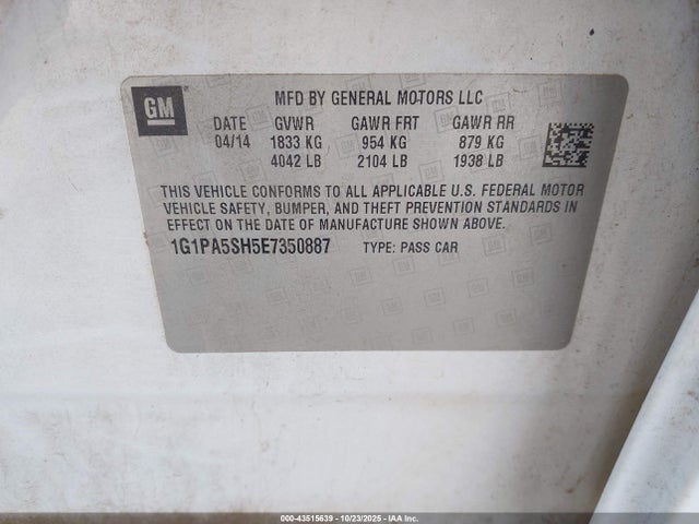 2014 Chevrolet Cruze Ls Auto მანქანა იყიდება აუქციონზე, vin: 1G1PA5SH5E7350887, აუქციონის ნომერი: 43515639