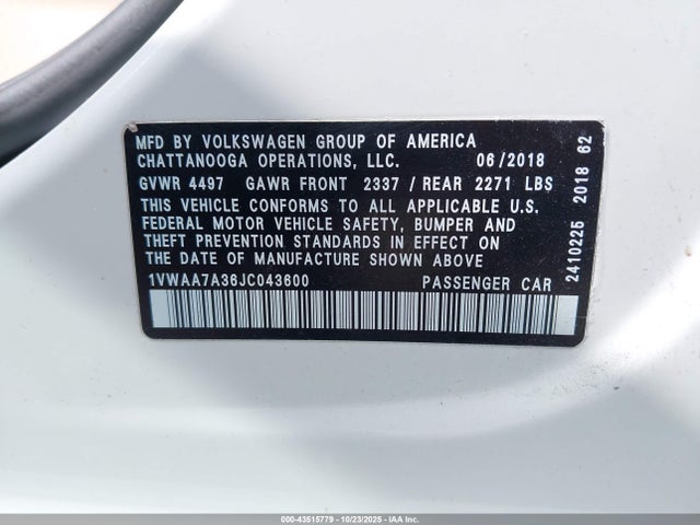 Продаж на аукціоні авто 2018 Volkswagen Passat 2.0t R-line/2.0t S, vin: 1VWAA7A36JC043600, номер лоту: 43515779